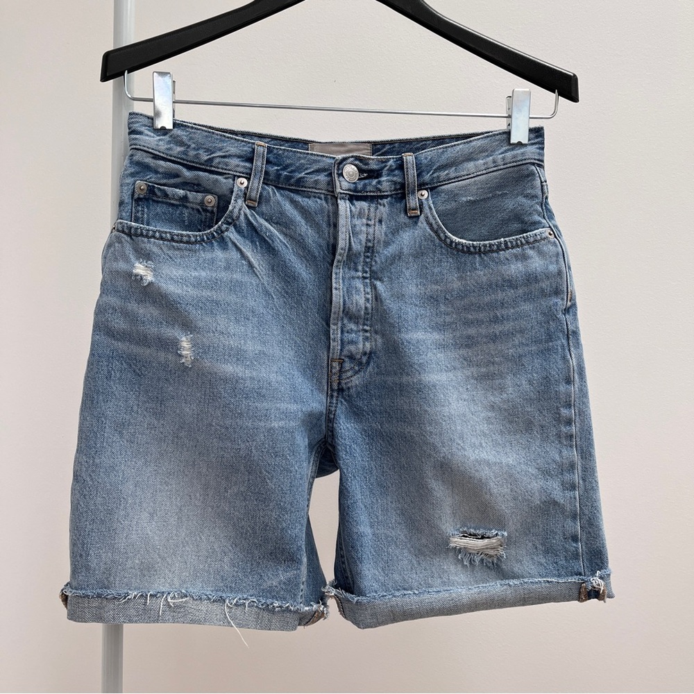 Everlane the cheeky long short 27 high rise distressed raw hem denim shorts